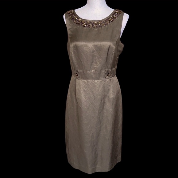 ALEX MARIE Silk & Linen Tailored Sheath Dress Copper Brown Beaded Neckline Sz 10 - Picture 11 of 11